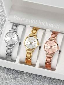 女士时尚简约设计休闲石英表套装，适合日常佩戴、生日、返校、感恩节、情侣装，最佳礼物（不含礼盒） - 金色 - 查看 1