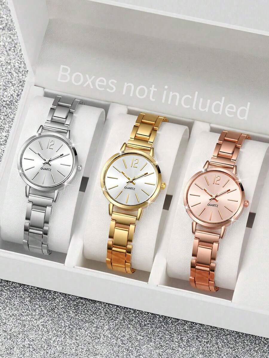 女士时尚简约设计休闲石英表套装，适合日常佩戴、生日、返校、感恩节、情侣装，最佳礼物（不含礼盒） - 金色 - 查看 1