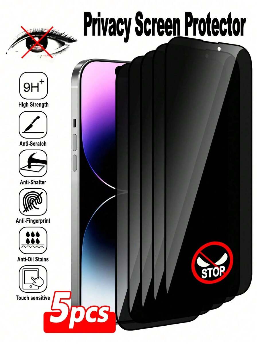 ZYONS Shockproof Privacy Phone Screen Protector 5pcs Privacy Screen Protector Film, Protect Privacy, Tempered Glass Screen Protector Sticker, Full Coverage, Anti-Scratch Anti-Shock, Easy Installation, Compatible With Iphone 17 Pro Max/17 Air/16E/16 Pro Max/16 Pro/16 Plus/16/15 Pro Max/14 Pro Max/13 Mini/12/11/XS Max/XR/8+/7 Plus Series Mother's Day Gift - 5 Pieces - View 1