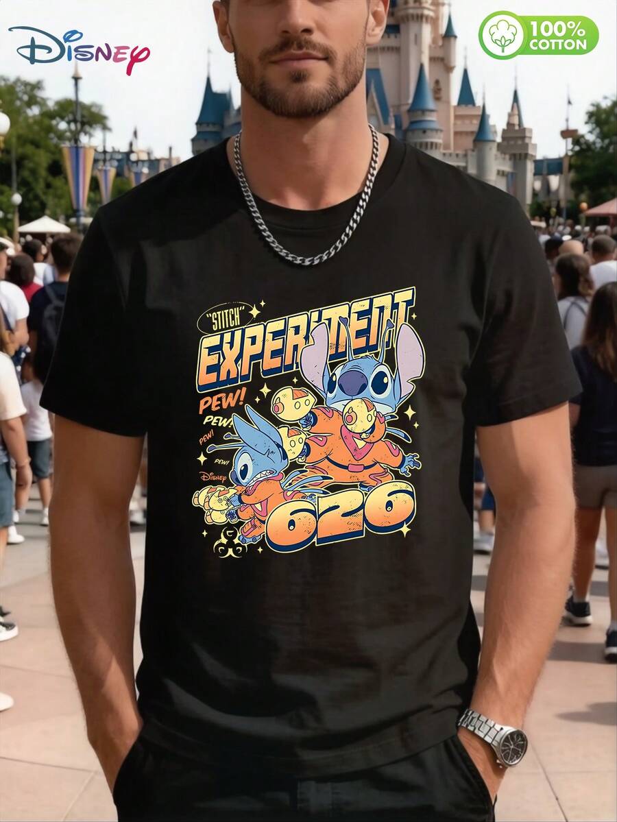 Disney Lilo & Stitch "Experiment 626" Graphic T - Shirt For Men – 100% Cotton Short Sleeve Crew Neck Casual Tee, Vintage - Style Design With "PEW! PEW!" & Lightning Details, Ideal For Disney Fans, Stitch Enthusiasts, Adult Males, Unisex Fit, Soft Breathable Fabric For Daily Wear, Gift For Lilo & Stitch Lovers, Black Crewneck With Bold Cartoon Print, Perfect For Theme Park Visits, Summer Outdoor Events, Weekend Hangouts, Anime - Themed Parties, Comfortable Streetwear For Men & Teens, Retro Sci - Fi Inspired Stitch Graphic For Casual & Festive Occasions - Black - View 1