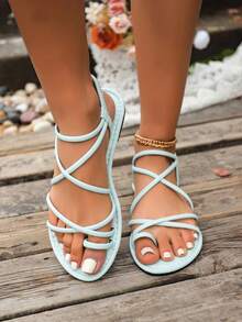 Sandales plates minimalistes personnalisées pour femmes, couleur unie, bride d'orteil croisée, style rétro de plage pour l'été - Turquoise - Voir 4