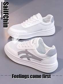 Women's White Platform Sneakers, Breathable Mesh Casual Shoes, Fashion Lace-Up Walking Shoes For Ladies, Comfortable Non-Slip Athletic Shoes For Daily Wear 2025 New Women's White Casual Sneakers, Lightweight Breathable Mesh Trainers, Fashion Platform Walking Shoes, Comfortable Non-Slip Lace-Up Shoes For Women, All-Match Daily Footwear - White Ash - View 3