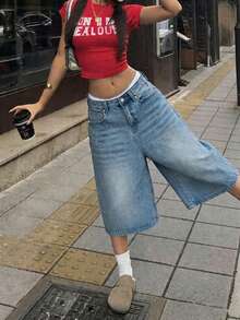 Vintage Black Oversized Wide Leg Denim Capri Pants, Streetwear Style For Teenage Girls - Light Wash - View 2