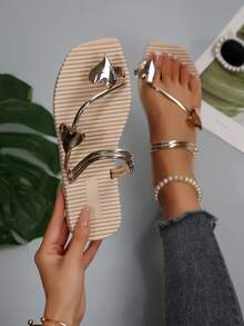 Women's Gold Heart Toe Ring Sandals, Square Toe Flat Slide Sandals, Cute Summer Beach Shoes For Vacation & Daily Wear - Beige - View 1