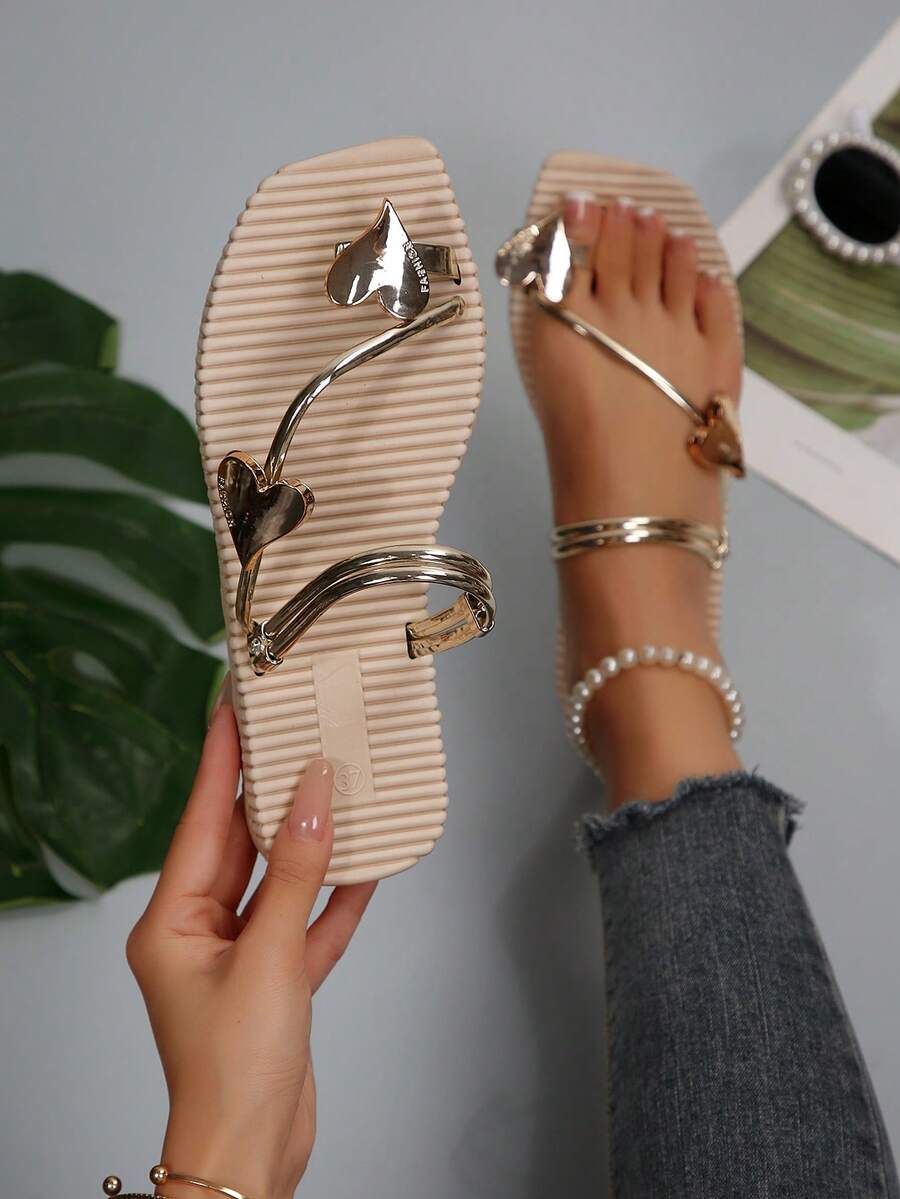 Women's Gold Heart Toe Ring Sandals, Square Toe Flat Slide Sandals, Cute Summer Beach Shoes For Vacation & Daily Wear - Beige - View 1