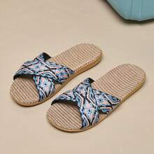 Men's Summer Linen Slippers, Indoor Lightweight Non-Slip Flat Bedroom Slippers - Blue - View 5