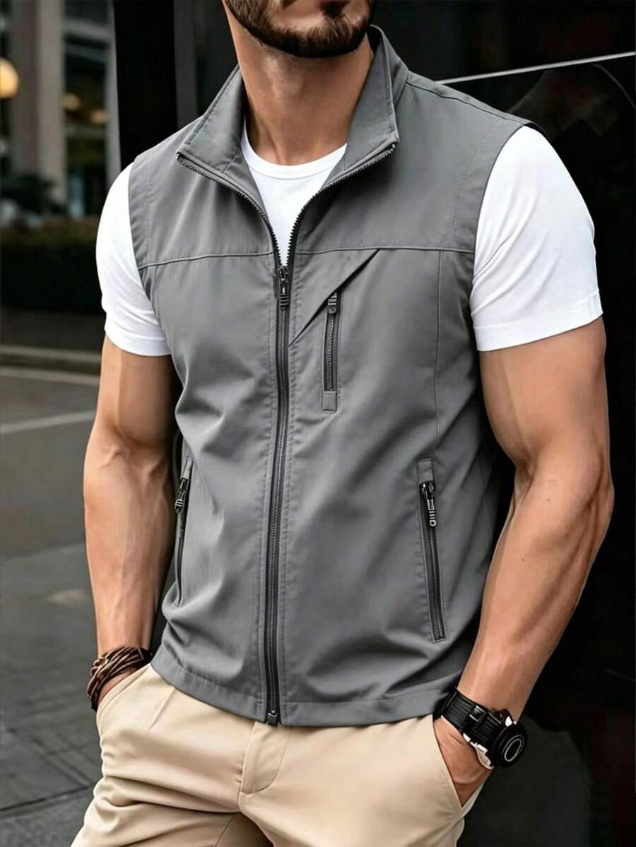 Áo vest nam cổ đứng nhẹ, nhiều túi, thích hợp mặc mùa xuân thu, kiểu dáng thể thao năng động. - Xám - Xem 1