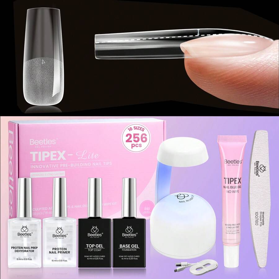 Beetles 256PCS 16 Sizes Tipex Lite Nail Tips Kit, Long Square Full Cover Clear Nails With Dehydrator & Primer, Mini UV Lamp, 20g Solid Nail Glue, Base & Top Coat, All-In-One Nail Starter Kit - 256PCS 16 Sizes Long Square - 查看 1