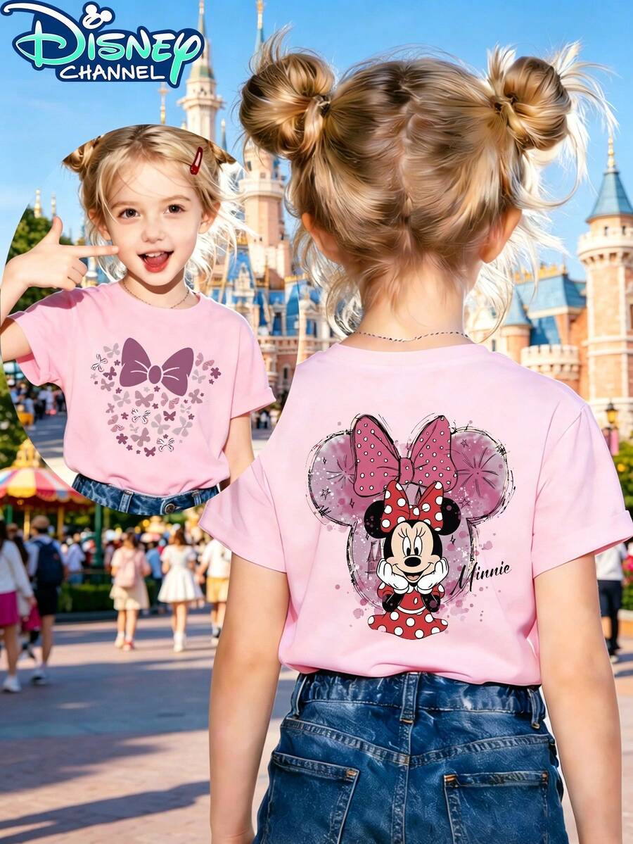 Minnie Mouse Bow Design Disney Fresh And Fashionable Round Neck T Shirt For Girls Made Of 100 Cotton Is An Ideal Choice For Daily Wear Vacation Leisure Outdoor Exploration School Life And Shopping Trips It Is A Must Have Item For Summer It Is Also An Excellent Gift For The Same Boy And Girl Every Child Deserves One - Pink - View 1