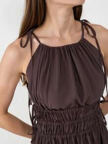 Women's Tie-Neck Ruched Waist A-Line Dress Burnt Orange - Chocolate Brown - View 3