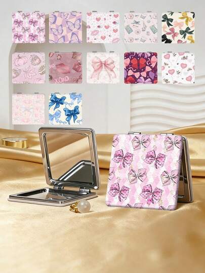 1pc Y2K Sweet Series Vanity Mirror, Foldable Lightweight Ultra-Thin Portable Hand Mirror, Durable PU Leather, Suitable For All Occasions And People, Foldable Square Compact Mirror For Carrying