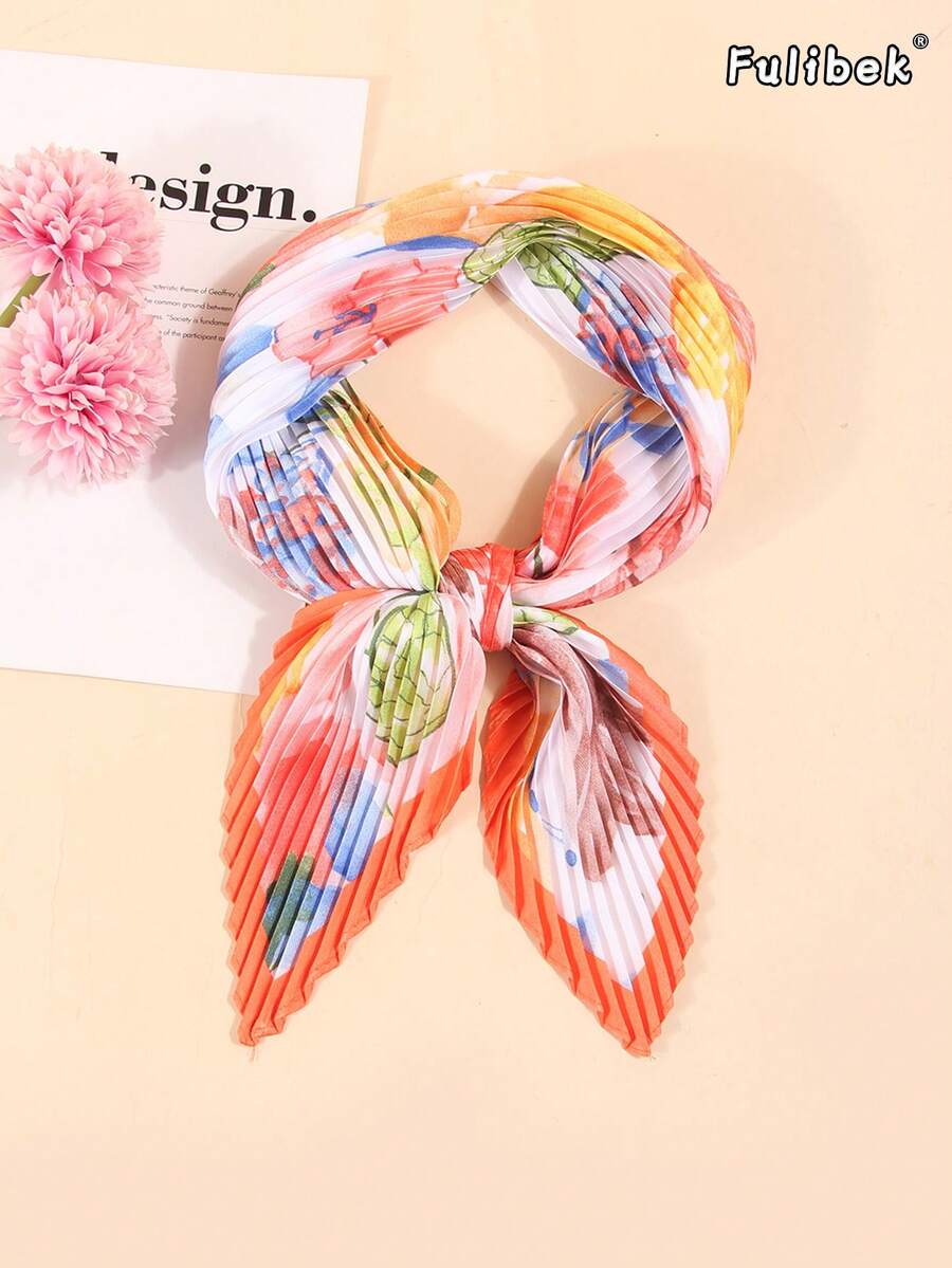 1pc Women's Versatile Bandana Scarf, Crinkle Printed Neckerchief Headband, Suitable For All Seasons And Daily Use,Travel Essential,Beach Towel - Orange - View 1