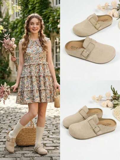 1 Pair Brown Open Toe Slippers For Teens, Solid Color Soft Suede Leather, Classic Round Toe Soft Non-Slip Slip-On Design, Fashionable Thick-Soled Birkenstocks Slippers, Suitable For Daily Casual, Vacation, Indoor & Outdoor, New Arrival