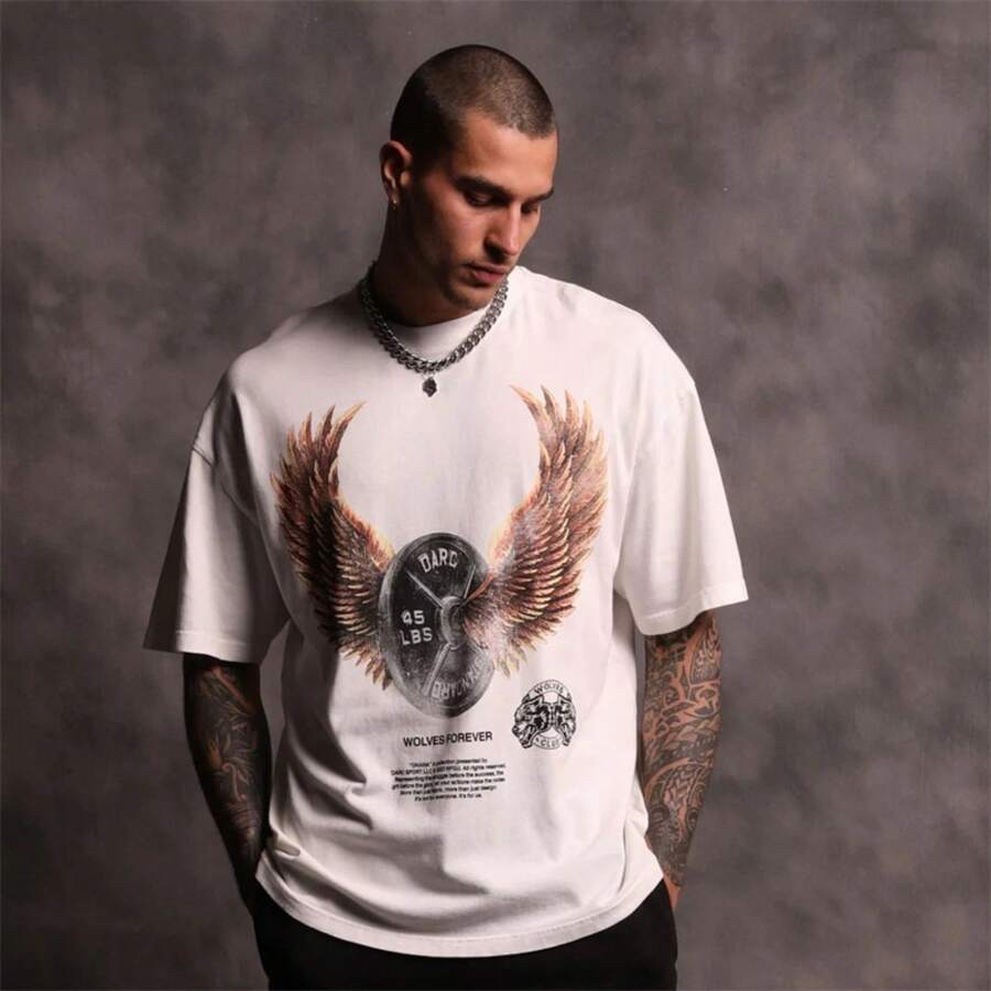 Darcsport T-Shirt For Men And Women, Cotton Short-Sleeve Wolf Head Shirt, Fitness Round-Neck Short-Sleeve - 白色 - 查看 1