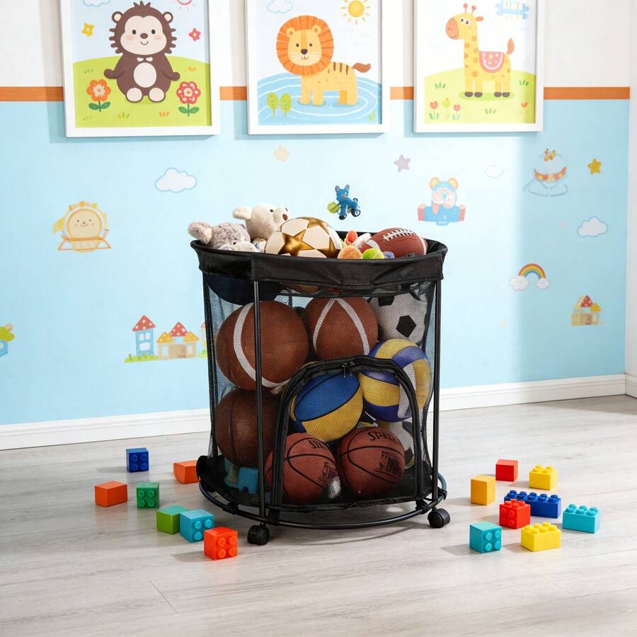 51.36gal Ball Storage Cart With Wheels, 2 Side Opening Ball Basket, Ball Cart Basketball, Soccer, Baseball, Sports Ball Storage Bin, Ball Organizer Garage, Playground And Outdoor - Default - View 1