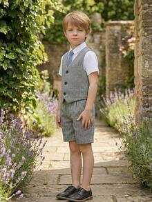 Ensemble tuxedo d'été pour enfants, tenue de performance pour garçons, tenue de mariage de garçon d'honneur, costume de fête pour jeune garçon, style britannique (gilet + shorts + cravate) - Gris - Voir 2