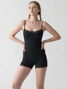 Contrast Lace    Sleeveless    Short - Black - View 4