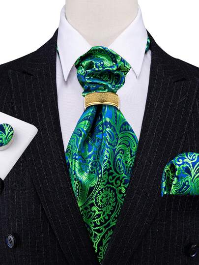 Conjunto de 4 piezas para hombre: corbata de ascot, pañuelo de bolsillo, gemelos y anillo dorado con estampado de cachemira verde vintage para boda, fiesta, banquete o baile