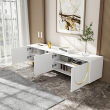 TV Unit, Low Sideboard With Textured Doors, TV Unit With Drawers, Open Compartments, Gold Handles And Gold Legs. - White - View 6