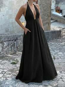 Đầm maxi nữ Unadoll màu đen kiểu dáng thường ngày mùa hè, cổ chữ V sâu, hở lưng, chất liệu vải lanh mềm mại, có túi, thích hợp cho đi biển và nghỉ mát. - màu đen - Xem 1