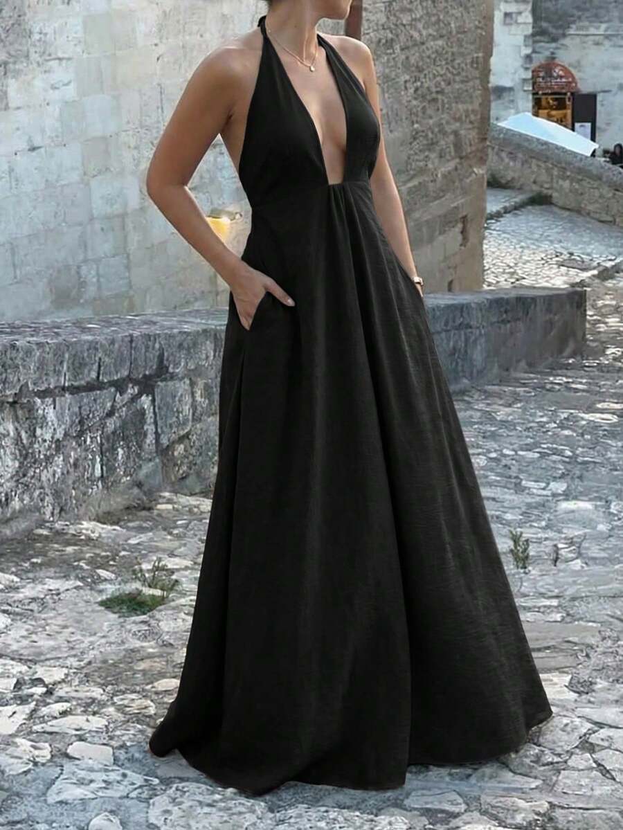 Đầm maxi nữ Unadoll màu đen kiểu dáng thường ngày mùa hè, cổ chữ V sâu, hở lưng, chất liệu vải lanh mềm mại, có túi, thích hợp cho đi biển và nghỉ mát. - màu đen - Xem 1