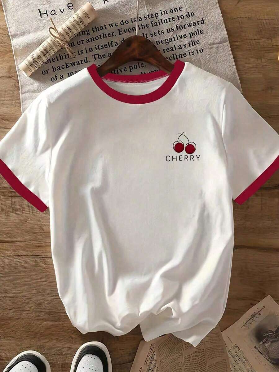 2026 Nueva Camiseta de Manga Corta con Estampado de Lazo, Corte Holgado, Casual para Primavera/Verano - Rojo y blanco - Ver 1