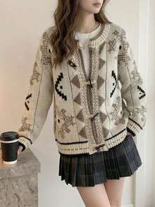Autumn/Winter Casual Geometric Pattern Cardigan With Horn Buttons - Multicolor - View 8
