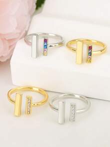 1pc Elegant Copper Inlaid Cubic Zirconia Open Ring, Luxury Jewelry For Women - Geometric Ring - View 2