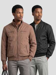 Men's Reversible High Neck Windbreaker Jacket, Lined Bomber Jacket With Zipper, Motorcycle Style - Rỉ Nâu - Xem 1
