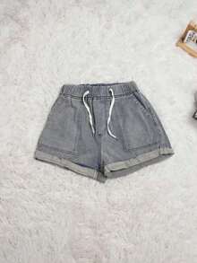 Women's Lightweight Summer Denim Shorts, Casual Loose Drawstring Elastic Waist, Cuffed Hem, Comfortable Vacation Denim Shorts - Azul retro - Ver 5
