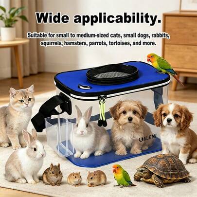 Transportín para mascotas transparente y portátil, de color azul, plegable, hecho de material EVA para un rendimiento impermeable, resistente a la humedad y a las manchas, transpirable, fácil de limpiar con un enjuague rápido, conveniente para el acceso, la alimentación y la interacción de la mascota durante los viajes. Adecuado para gatos pequeños y medianos, perros pequeños, conejos, ardillas, hámsteres, loros, tortugas y talla grande.