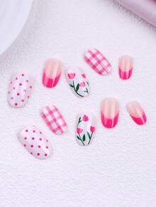 24pcs/Set Spring And Summer Press On Nails Short Oval Nail Tips, Y2K Baddie Style, Nude, White, Pink And Green Color With French Edge, Check, Floral And Polka Dots Nail Design, French Fake Nails Suitable For Women And Girls, Party, Daily Wear, Comes With Tool Kit, Great Gift For Ladies Nails Nail Supplies - Multicolor - View 3