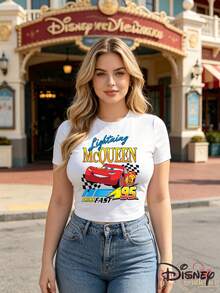 Disney Licensed Style | Lightning McQueen No.95 Car Print Slim Fit Women's Short Sleeve T-Shirt - Speed Passion & American  Vibe, Soft Breathable Fabric, Crew Neck, Ideal For Racing Themed & Daily Casual Wear - 白色 - 查看 1