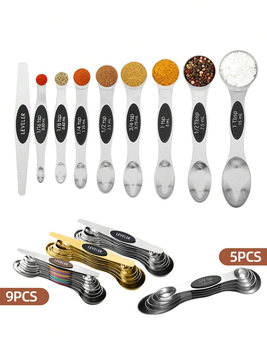 5/9 Piezas Juego de Cucharas Medidoras, Cucharas Medidoras Magnéticas de Acero Inoxidable con Diseño de Doble Extremo, Imán Incorporado para Almacenamiento Fácil, Medición Precisa para Polvos, Líquidos, Especias y Café en Polvo, Ideal para Cocinas Domésticas y Restaurantes - - - Ver 1