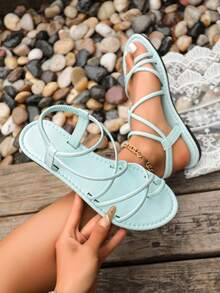 Sandales plates minimalistes personnalisées pour femmes, couleur unie, bride d'orteil croisée, style rétro de plage pour l'été - Turquoise - Voir 1