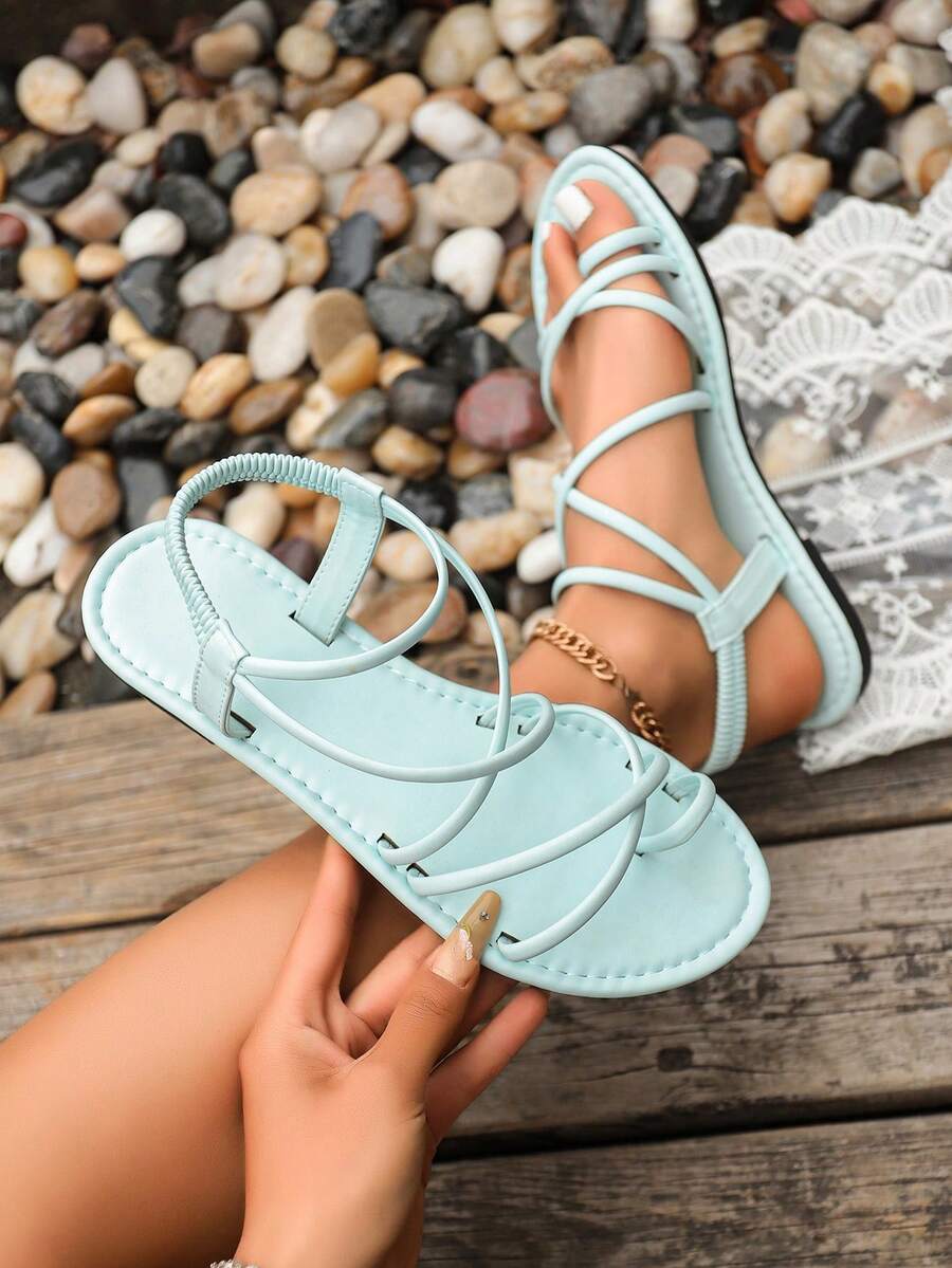 Sandales plates minimalistes personnalisées pour femmes, couleur unie, bride d'orteil croisée, style rétro de plage pour l'été - Turquoise - Voir 1