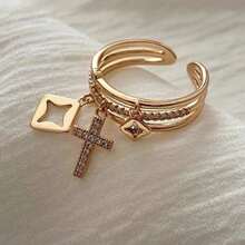 1pc European & American Style Personalized Minimalist Multi-Layer Rhinestone Cross Pendant, Women's Single Ring, Party/Date Gift - Yellow Gold - View 6