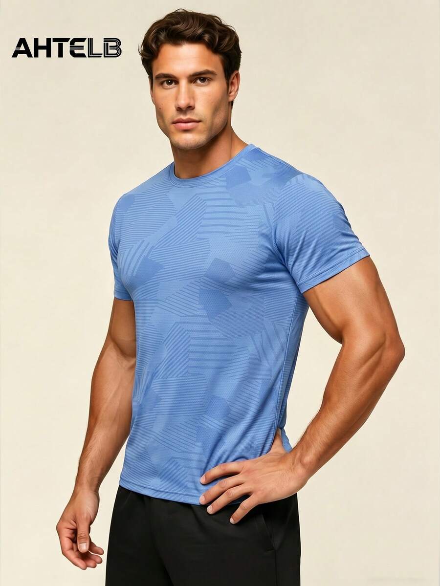 AHTELB A Men'S Quick-Dry Sports T-Shirt Moisture-Wicking Short-Sleeve Top Suitable For Gym Workouts, Casual Running, And Basketball Training | Lightweight, Round Neck Gym Wear Men, Men's T Shirt, Men's Gifts, Men's Tops, Fishing Gifts For Men, For Friends, Husband, Boyfriend Gifts - Blue - View 1