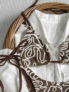 Bikinx Ensemble de bikini asymétrique à rayures avec lacets pour femmes, mode vacances d'été à la plage - Marron - Voir 2
