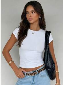 Women's Solid Color Round Neck Casual Versatile Daily Wear Short Sleeve T-Shirt - Multicolor - View 5
