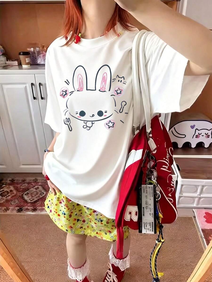 2026夏季新款休闲宽松可爱兔子印花圆领甜美少女软萌动漫学生学院风百搭短袖T恤，1件装 - 白色 - 查看 1