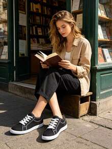 Fashionable Wide Canvas Sneakers, Soft And Comfortable, Casual Shoes For Students - Black and White - View 2