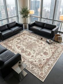 1pc Khaki Floral Style Large Living Room Carpet, Leaf Pattern Print, Fresh Spring/Summer Design, Soft & Comfortable Texture, Easy Care, Non-Slip Bottom, Suitable For Living Room, Bedroom, Kitchen, Dining Room, Entryway, Office And Other Home Decor - Khaki - View 1