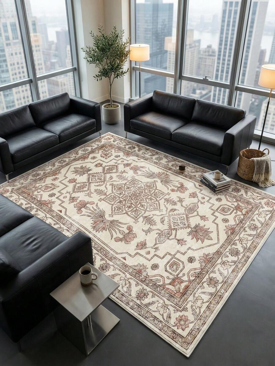 1pc Khaki Floral Style Large Living Room Carpet, Leaf Pattern Print, Fresh Spring/Summer Design, Soft & Comfortable Texture, Easy Care, Non-Slip Bottom, Suitable For Living Room, Bedroom, Kitchen, Dining Room, Entryway, Office And Other Home Decor - Khaki - View 1