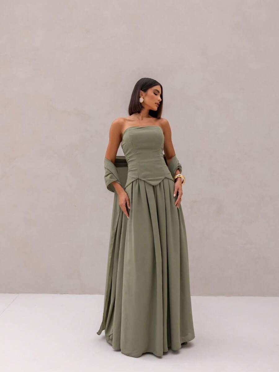 VESTIDO DE FESTA LONGO FASHIONISTA TOMARA QUE CAIA - VERDE OLIVA - Visão 1
