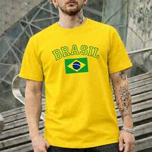 Camiseta Brasil Seleção Bandeira Masculina Verao Algodão Copa do Mundo Estampada T-Shirt Unissex Estampada - Amarelo - Visão 1
