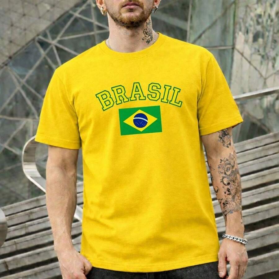 Camiseta Brasil Seleção Bandeira Masculina Verao Algodão Copa do Mundo Estampada T-Shirt Unissex Estampada - Amarelo - Visão 1