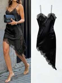 Black Lace-Trimmed Satin Slip Dress: Asymmetrical Spaghetti-Strap Mini Gown For Coastal Vacation Styling & Romantic Beach Dates - 黑色 - 查看 2