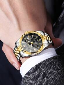 1pc Classic Fashion Men's Watch With Roman Numeral Dial, Rhinestone Decor, Calendar, Casual Quartz Wristwatch (1pc/Set), Watch Box Not Included - Multicolor - View 2