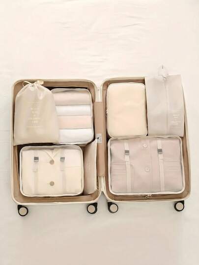 Soft Color Tone Travel Organizer Cube Set, Minimalist Aesthetic Waterproof Oxford Rectangular Space-Saving Zipper Smooth Luggage Clothes Sorting Storage Bags, Suitable For Summer Vacation, Weekend Trips, Dorm, Essential Travel Accessories